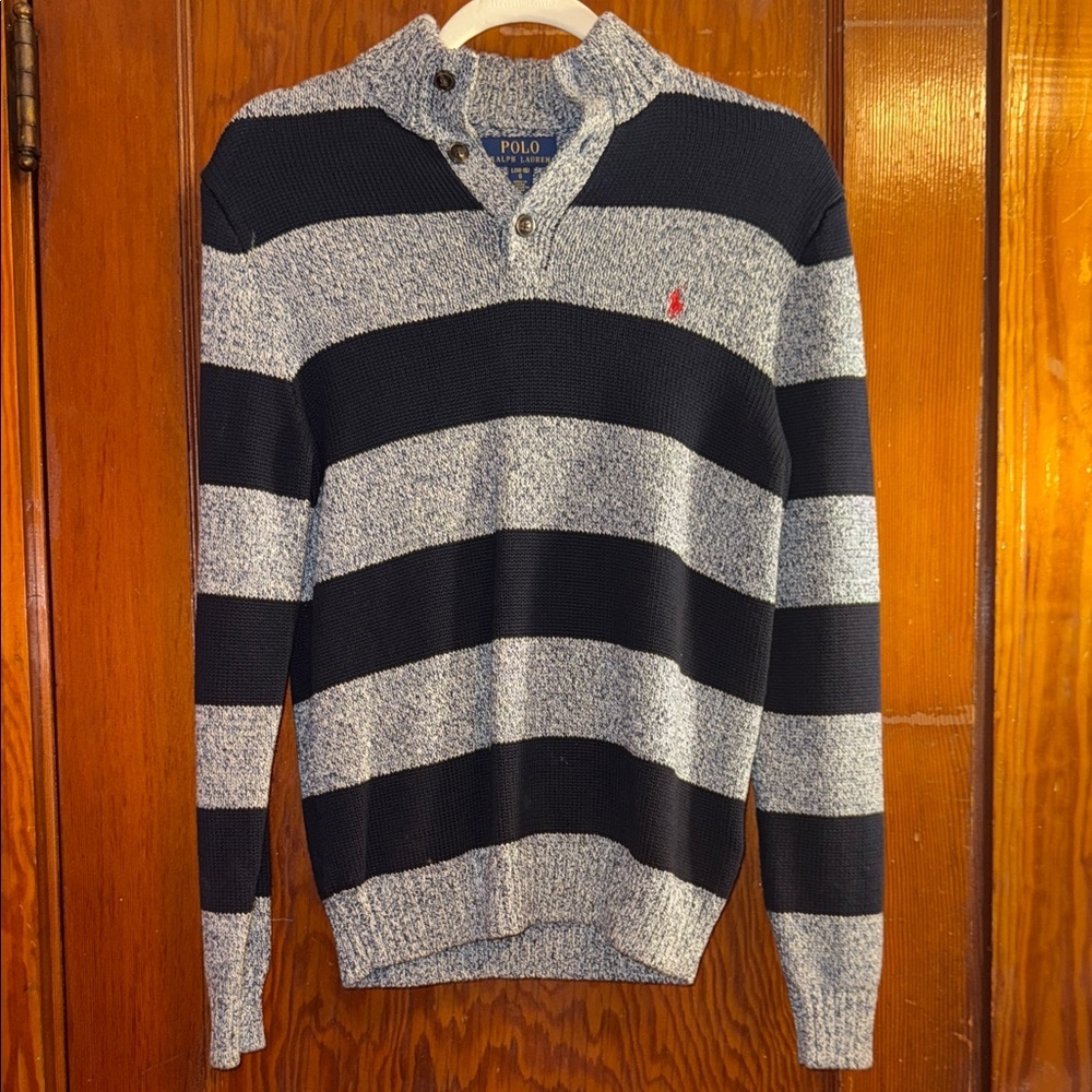 Polo by Ralph Lauren Kids Navy and Gray Striped Quarter Button Sweater